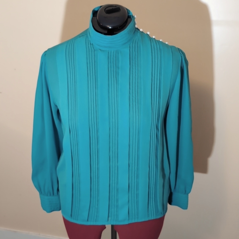 Rachael|Vintage Aqua Green High Neck Blouse With Pearl Like Buttons Down Side